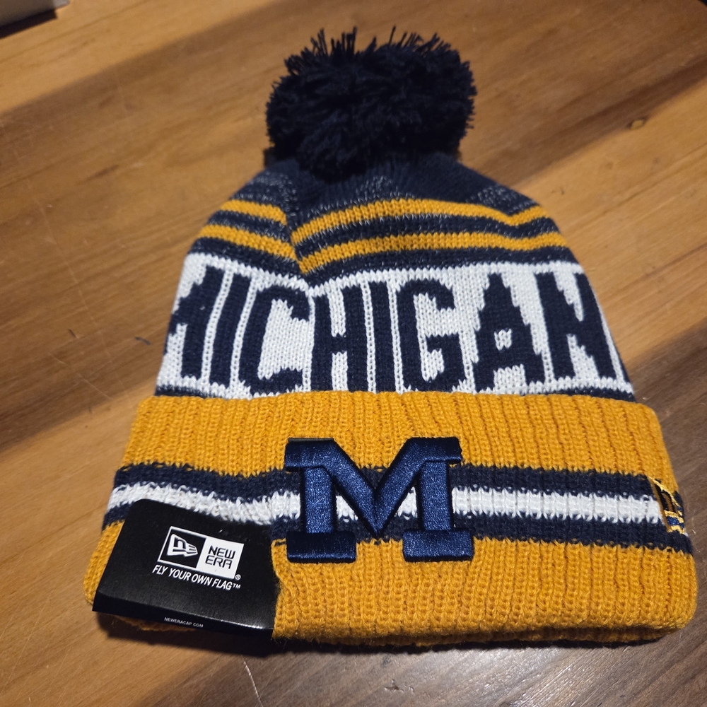 New Era Michigan Wolverines Striped Knit Beanie with Pom